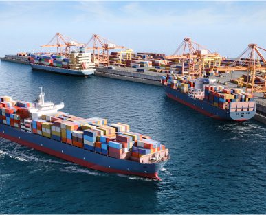 Cargo ships at a busy container port.