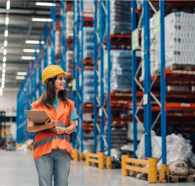 Warehouse worker with clipboard and hard hat.